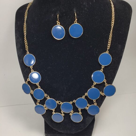 Stylish Gold-tone Blue Flat Round Discs Necklace & Matching Earrings Set Women's - Picture 8 of 11